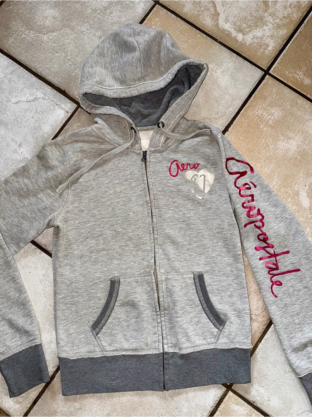 Vintage Aéropostale Two-Toned Grey Full Zip Hoodie - Sleeve Script & Metallic